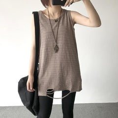 Loose Striped Sleeveless Ripped Thin Shirt