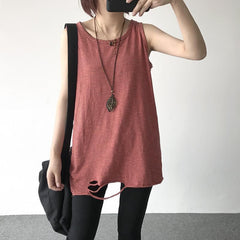 Loose Striped Sleeveless Ripped Thin Shirt
