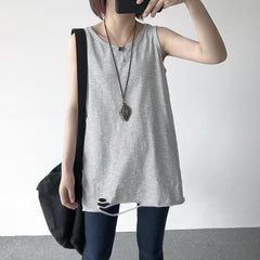 Loose Striped Sleeveless Ripped Thin Shirt