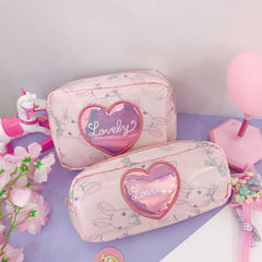 Lovely Bunny Laser Heart Zipper Cosmetics Stationary Purse Bag