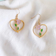 Metallic Hearts Rose Flower Purple Red Beige Earrings