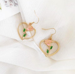 Metallic Hearts Rose Flower Purple Red Beige Earrings