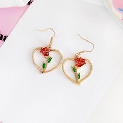Metallic Hearts Rose Flower Purple Red Beige Earrings