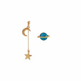 Metallic Long Asymmetric Moon Saturn Planet Earrings