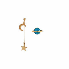 Metallic Long Asymmetric Moon Saturn Planet Earrings