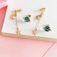 Metallic Long Asymmetric Moon Saturn Planet Earrings