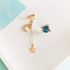 Metallic Long Asymmetric Moon Saturn Planet Earrings