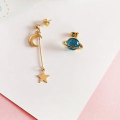 Metallic Long Asymmetric Moon Saturn Planet Earrings