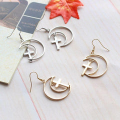 Metallic Moon Crosses Earrings