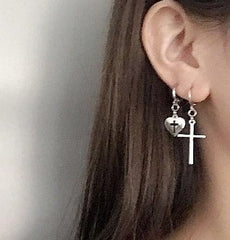 Metallic Punk Style Heart Cross Earrings