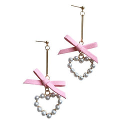 Metallic Thin Stick Lace Bow Pearl Hearts Earrings
