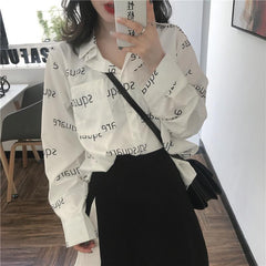 Minimalistic Black Letter Print White Oversized Shirt