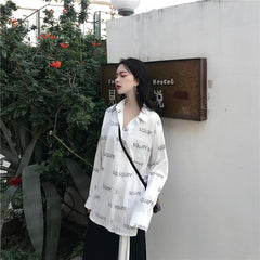 Minimalistic Black Letter Print White Oversized Shirt