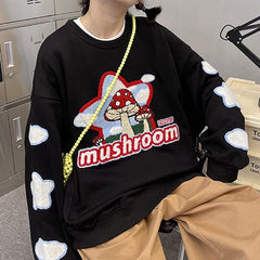 Mushroom Internet Girl Crewneck Black White Sweatshirt