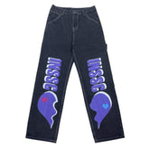 Marineblaue, lockere Jeans mit süßem Heartbreak-Buchstaben-Print