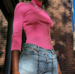 Neon Color Turtle Neck Long Sleeve Knit Ribbed Shirt