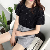 Night Sky Rhinestones Stars Black White T-Shirt