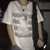 Octopus Cartoon Chinese Characters Print Oversized T-Shirt