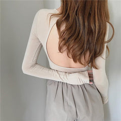 Open Back Slim Cotton Basic Long Sleeve Blouse