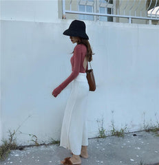 Open Back Slim Cotton Basic Long Sleeve Blouse