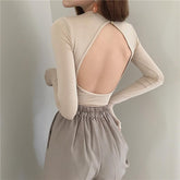 Open Back Slim Cotton Basic Long Sleeve Blouse