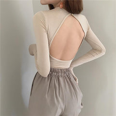 Open Back Slim Cotton Basic Long Sleeve Blouse
