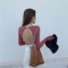 Open Back Slim Cotton Basic Long Sleeve Blouse