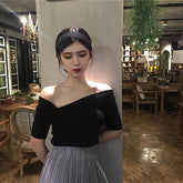 Open Shoulders Black White Beige Green Short Sleeve Shirt