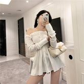 Open Shoulders Black White Buttons Long Shirt