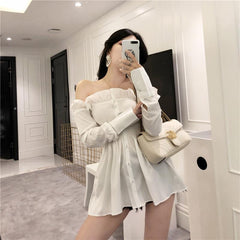 Open Shoulders Black White Buttons Long Shirt