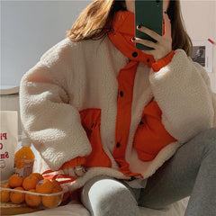 Orange Green Details Curly Faux Fur Loose Hooded Jacket