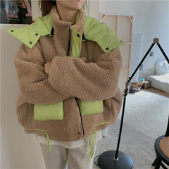 Orange Green Details Curly Faux Fur Loose Hooded Jacket