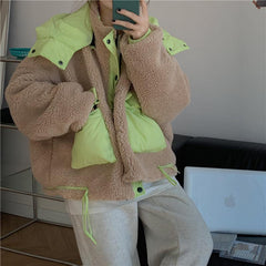 Orange Green Details Curly Faux Fur Loose Hooded Jacket