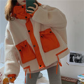 Orange Green Details Curly Faux Fur Loose Hooded Jacket