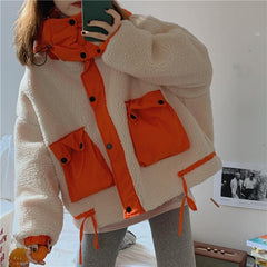 Orange Green Details Curly Faux Fur Loose Hooded Jacket