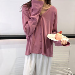 Camisa tipo cárdigan fino con cuello en V, color naranja, rosa y negro