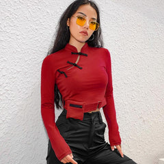 Oriental Style Pocket Long Sleeved Crop Shirt