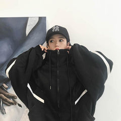 Oversize Sporty Lines Black Red Hooded Sweatshirt