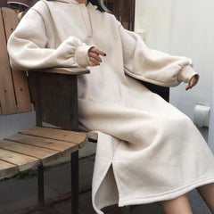 Oversized Beige Black Long Hooded Sweatshirt