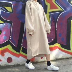 Oversized Beige Black Long Hooded Sweatshirt