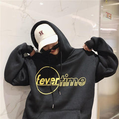 Oversized Fever Time Letters Print Hooded Sweatshirt