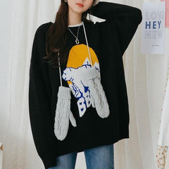 Suéter de punto negro y naranja de oso polar kawaii de gran tamaño
