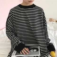 Oversized Long White Stripes Long Sleeve Black Sweatshirt