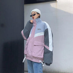 Oversized Pink Gray Color Block Outwear Jacket