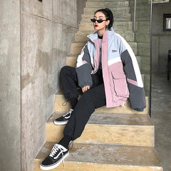 Oversized Pink Gray Color Block Outwear Jacket