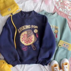 Oversized Pizza Print Navy Blue Green Kawaii Sweatshirt