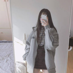 Übergroßer Plus Samt-Hoodie mit Reißverschluss vorne und Ring