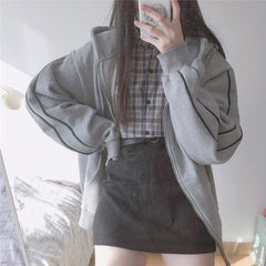 Übergroßer Plus Samt-Hoodie mit Reißverschluss vorne und Ring