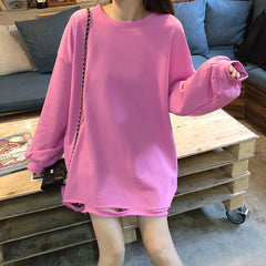 Oversized Solid Colors Ripped Holes O-Neck Sweatshirt