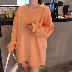 Oversized Solid Colors Ripped Holes O-Neck Sweatshirt